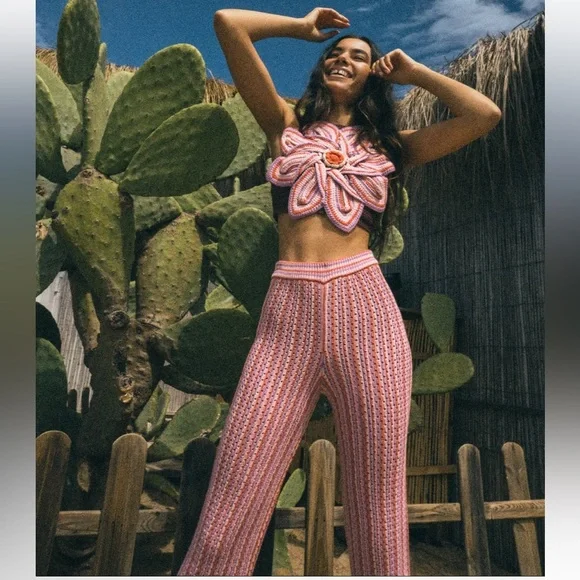 Zara crochet flower top and striped knit pants 2-piece set